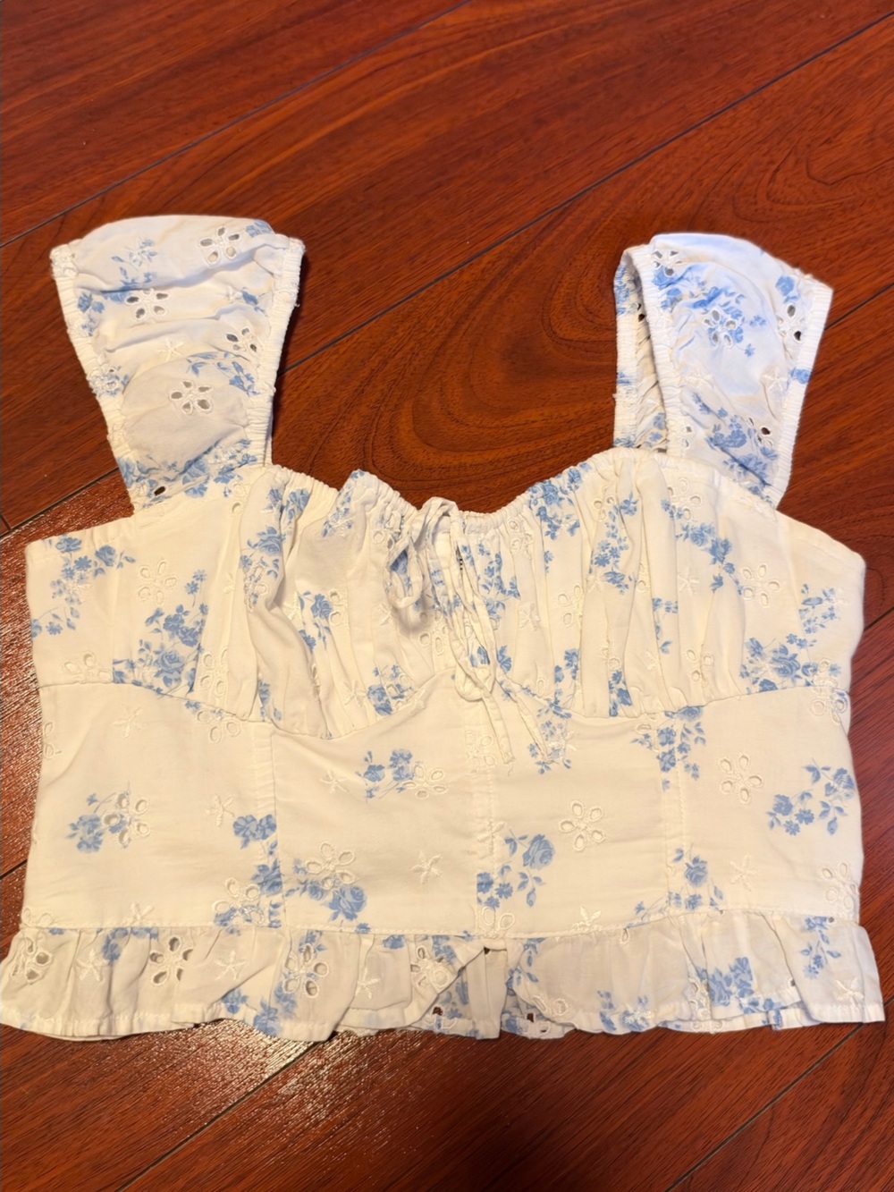 Hollister White Floral Eyelet Cropped Camisole with Light Blue Print